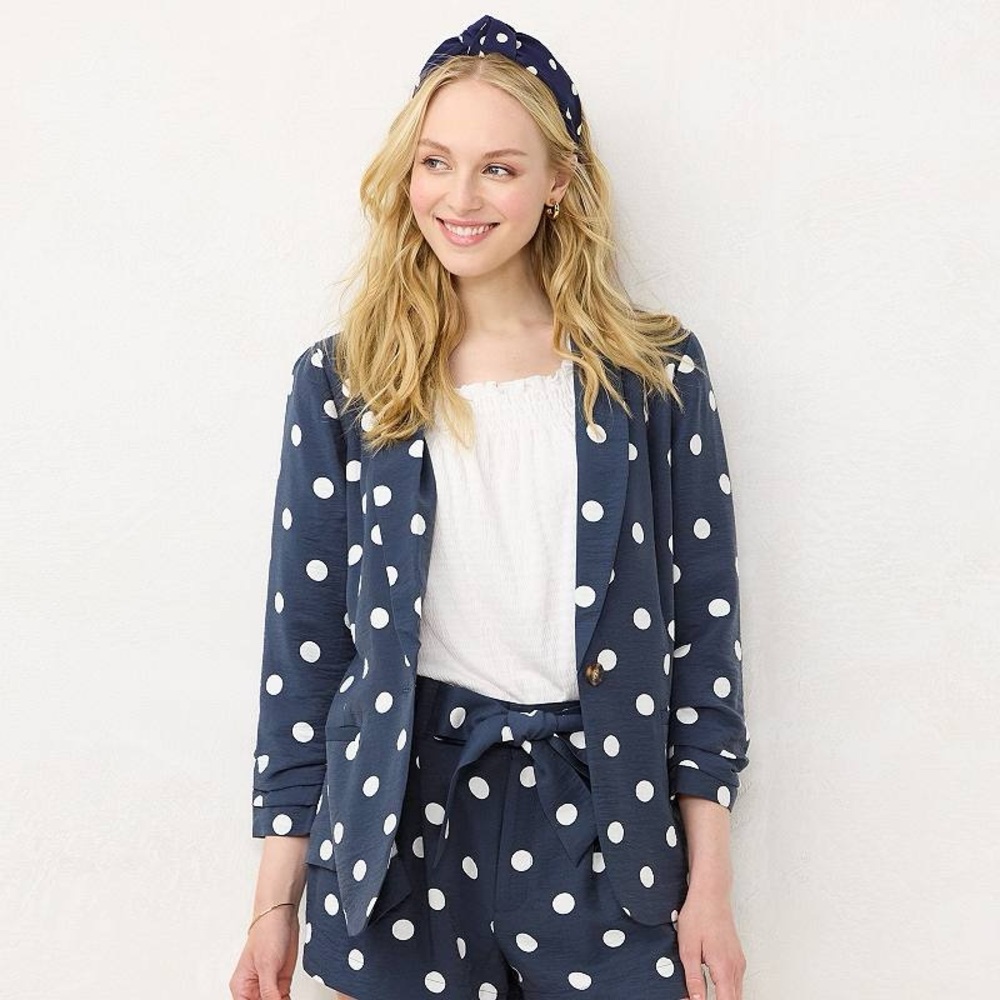 LC Lauren Conrad Ruched Sleeve Polka Dot Navy Blazer Single Button Women’s L